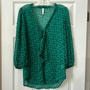 Super lightweight blouse. Green with galloping horse print Large Good condition.